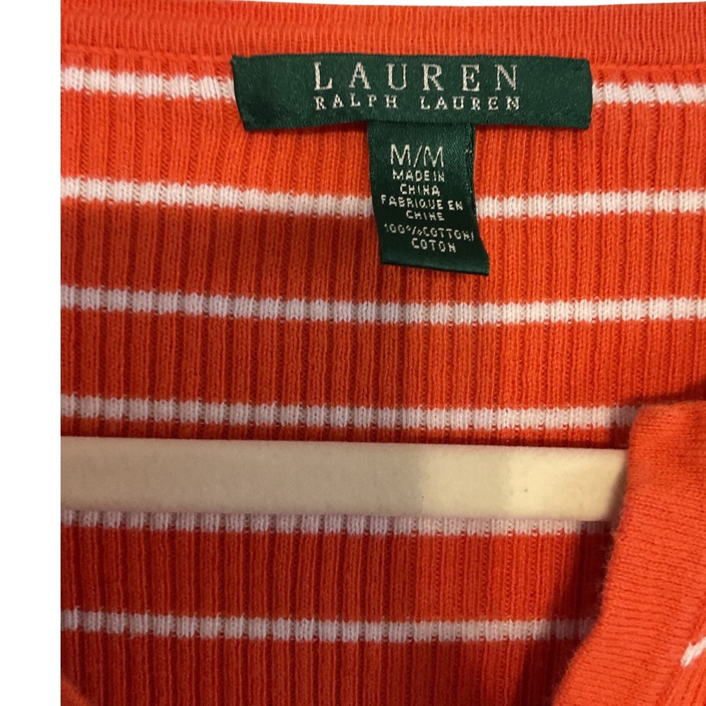 Lauren Ralph Lauren Orange White Striped Ribbed Henley Top 3/4 Sleeve Medium - Picture 4 of 8